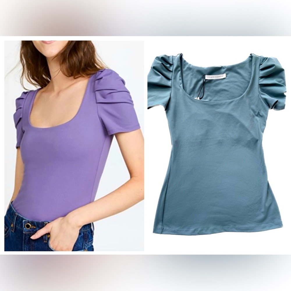 Susana Monaco Pleated Sleeve Scoop Top In Graphite Size Small NWT